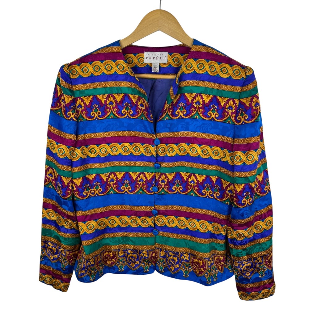 Adrianna Papell VTG 100% Silk Baroque Blazer Jacket Size‎ 8 Colorful Maximalist